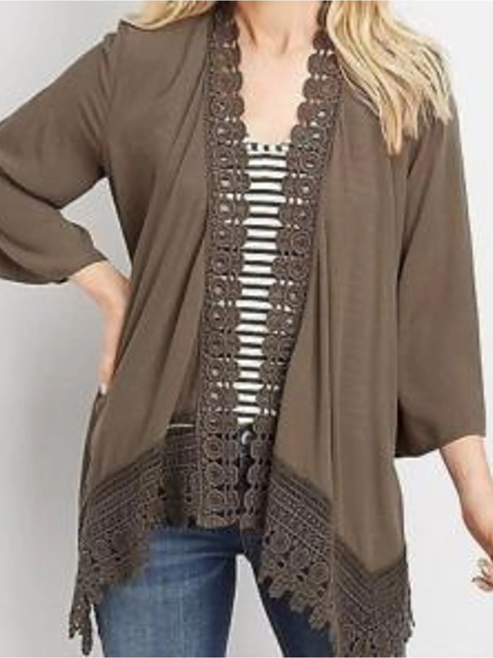 Maurices olive green crochet trimmed kimono cardigan